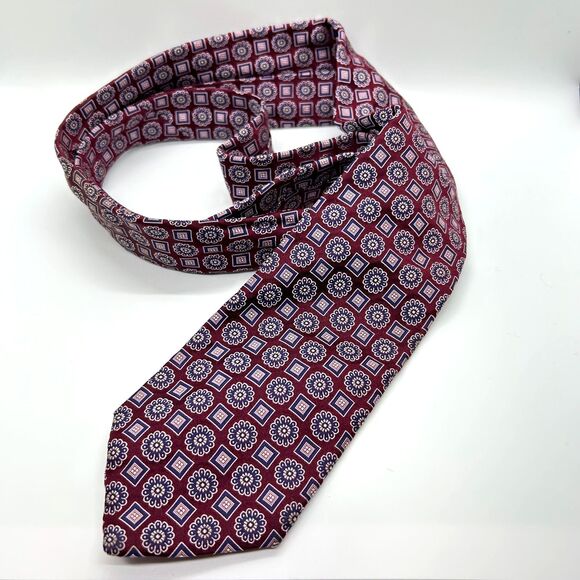 Boss Hugo Boss Wine Red with Pink Blue Floral Geo Print Foulard Print Long Tie - Picture 6 of 12